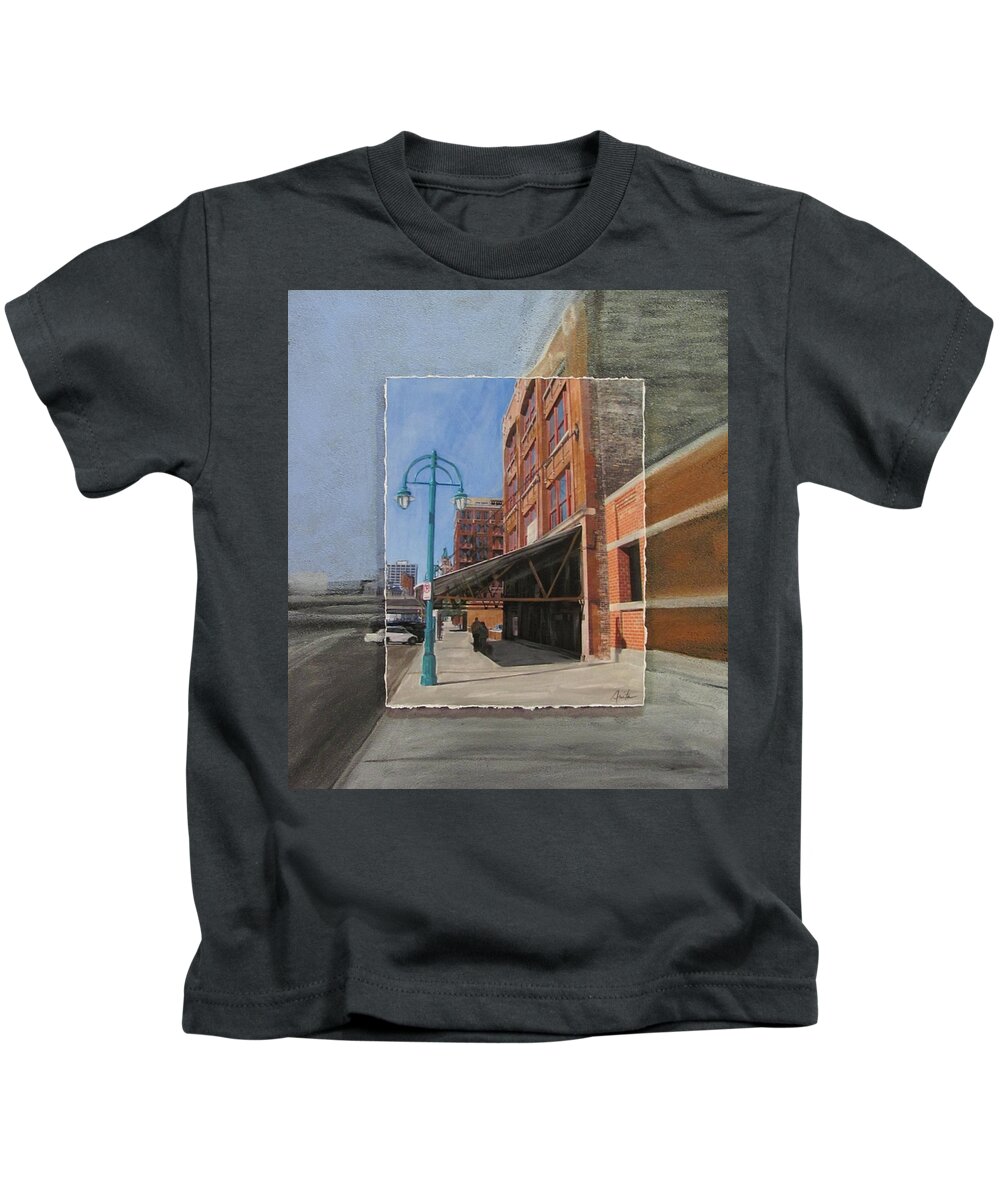 Milwaukee Kids T-Shirt featuring the mixed media Third Ward - Market Street by Anita Burgermeister