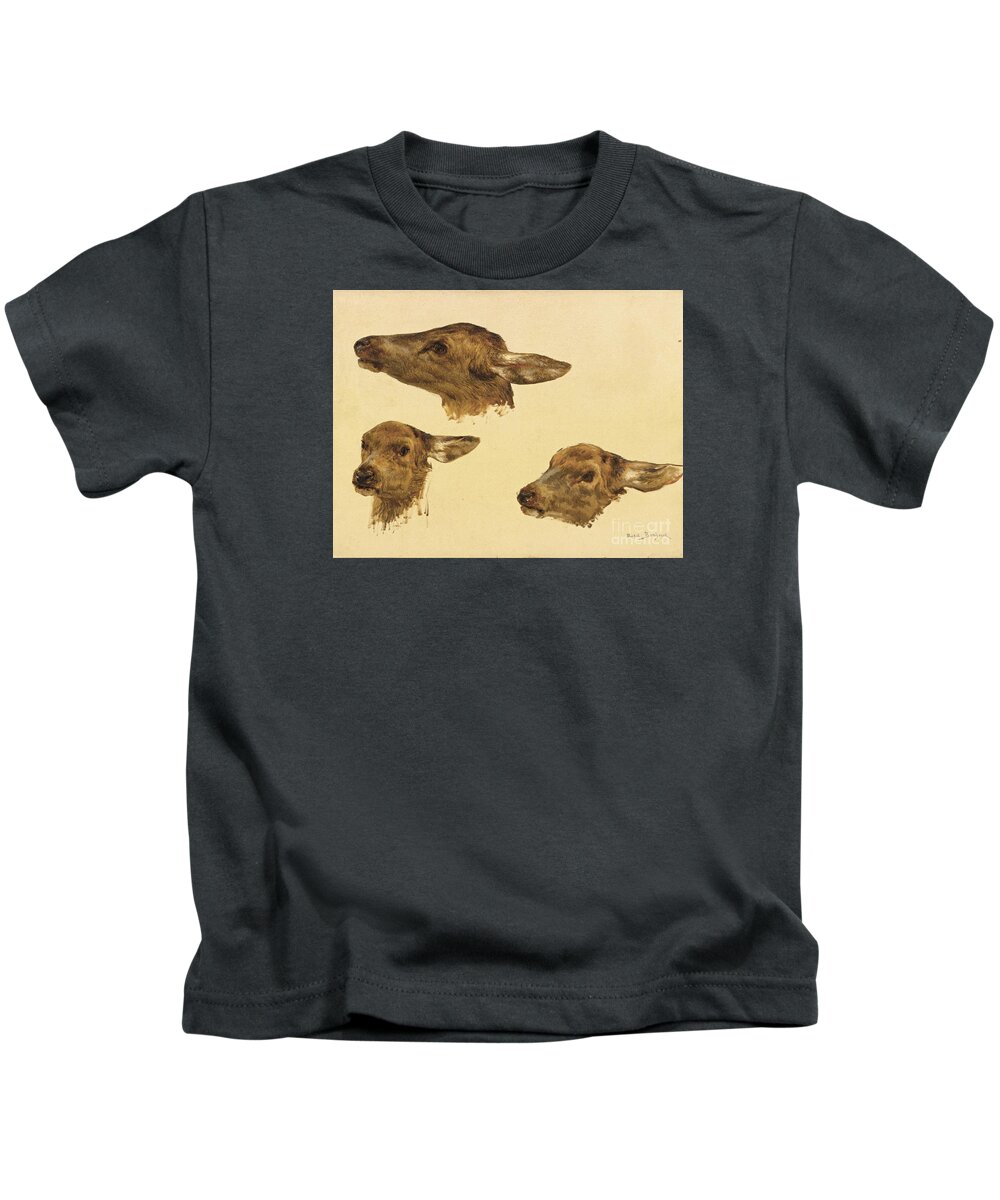 Rosa Bonheur 1822 - 1899 Three Studies Of A Doe's Head. Little Animals Kids T-Shirt featuring the painting Three Studies Of A Doe Head by MotionAge Designs