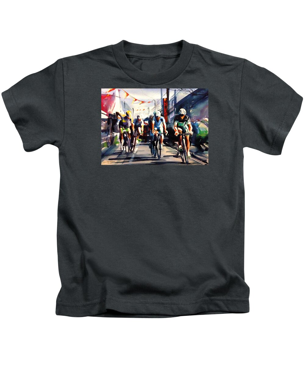 Tour Kids T-Shirt featuring the painting Through The Town by Shirley Peters