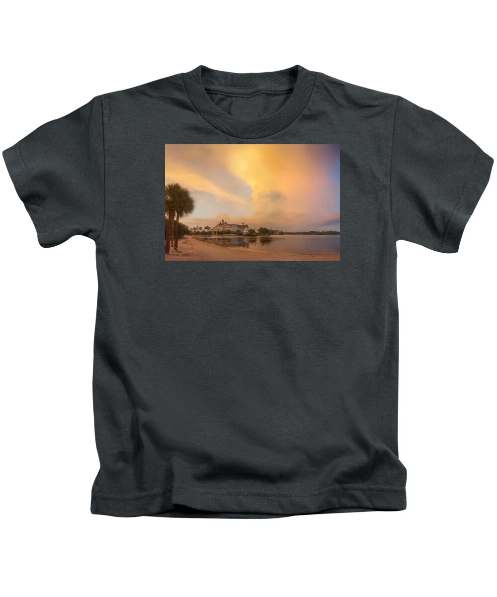 Disney Kids T-Shirt featuring the painting Thunderstorm over Disney Grand Floridian Resort by Bill McEntee