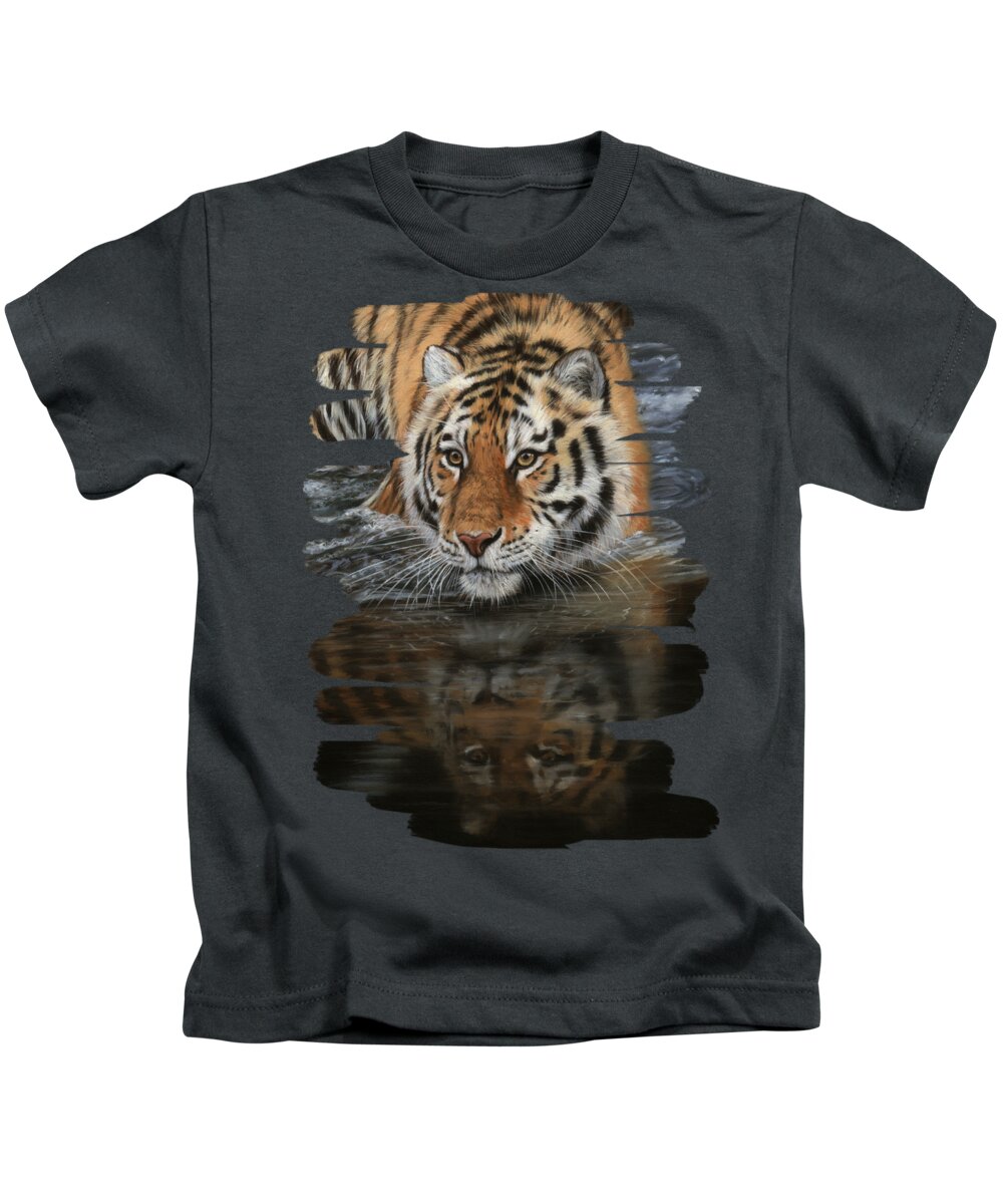 Tiger Kids T-Shirt featuring the painting Tiger In Water by David Stribbling
