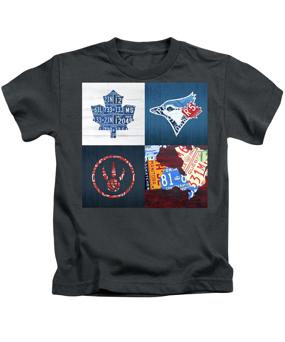 Toronto Sports Team License Plate Art Ontario Map Blue Jays Maple Leafs  Raptors Kids T-Shirt by Design Turnpike - Pixels