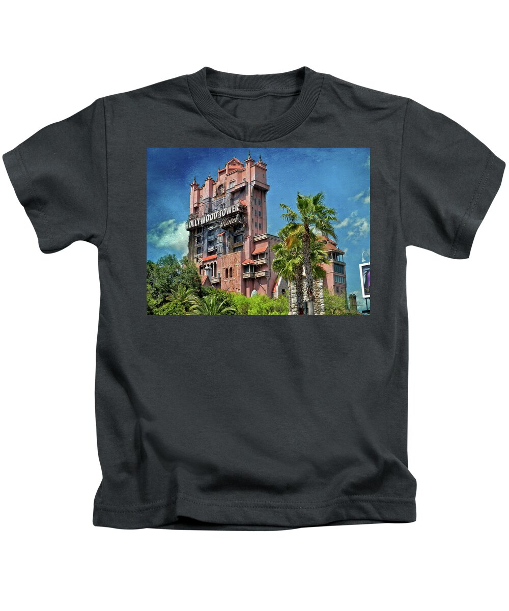 Castle Kids T-Shirt featuring the photograph Tower Of Terror Disney World Textured Sky MP by Thomas Woolworth