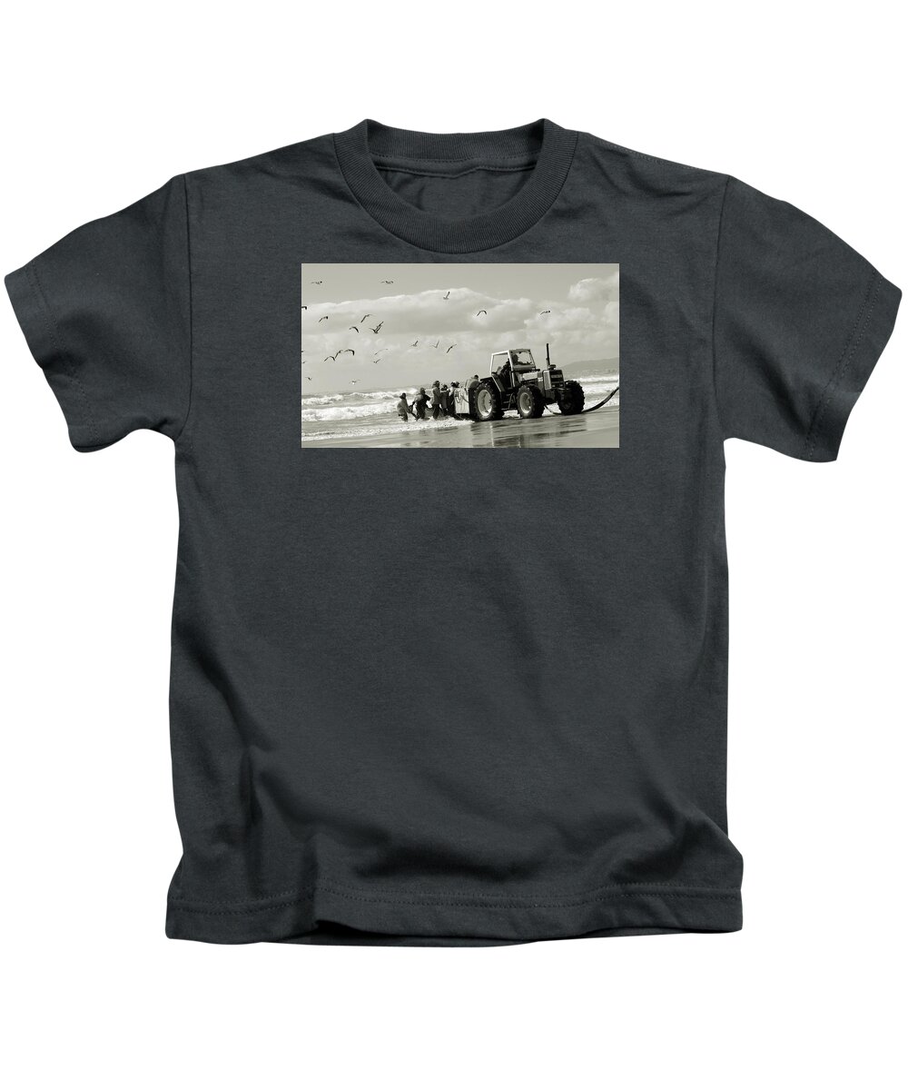 Fishing In Portugal Kids T-Shirt featuring the photograph Tractor/ Ocean by Joao Resende