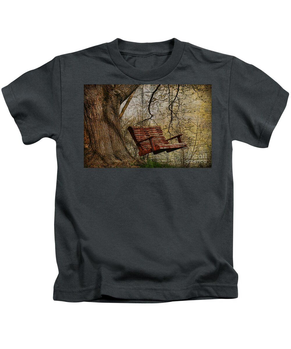 Tree Kids T-Shirt featuring the photograph Tree Swing By The Lake by Deborah Benoit