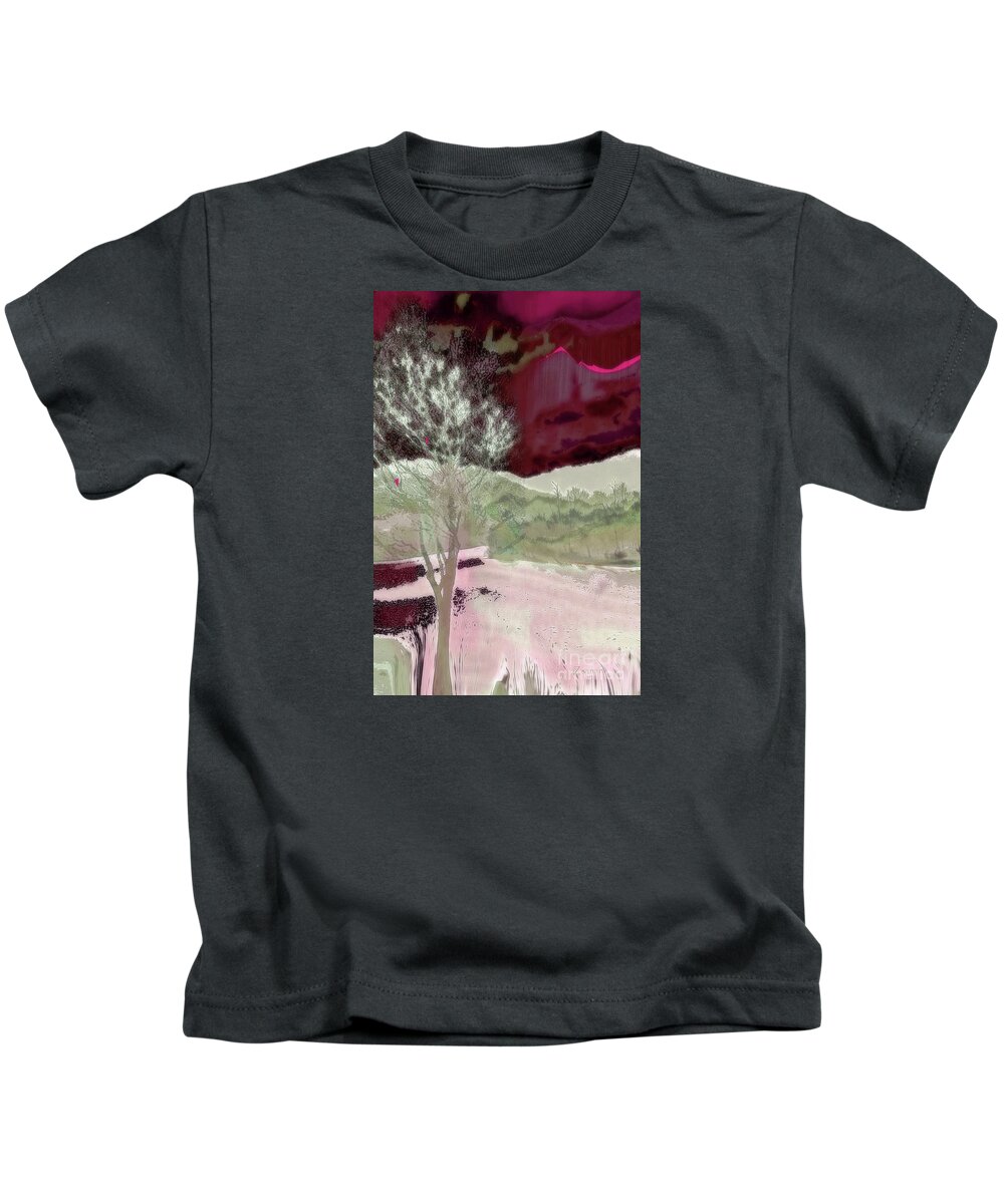 Trees And Lake Kids T-Shirt featuring the mixed media Tree Witness to Lake at Dawn by Zsanan Studio