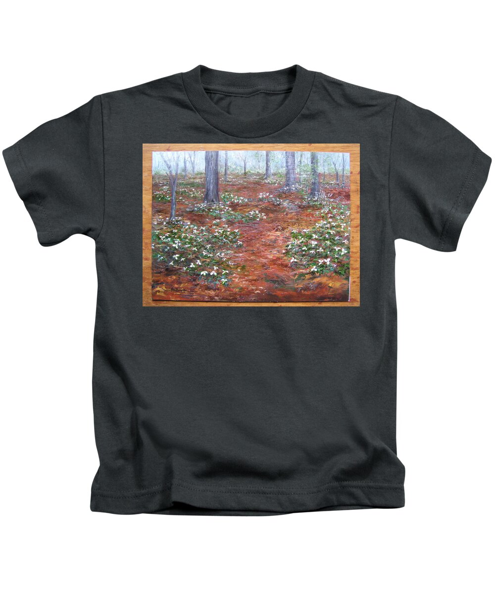 Trilliums Kids T-Shirt featuring the painting Trilliums after the rain by Jan Byington