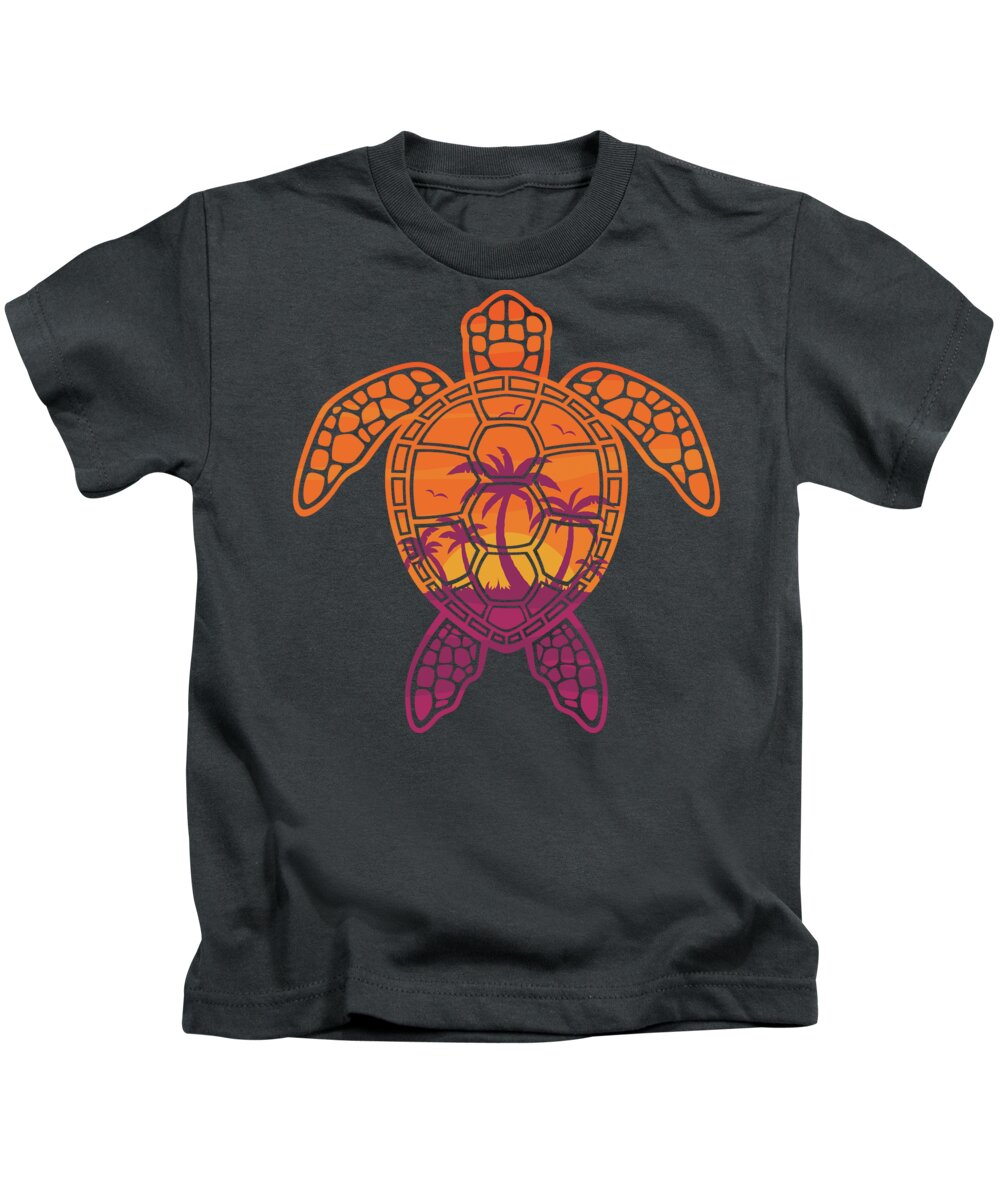 Palm Kids T-Shirt featuring the digital art Tropical Sunset Sea Turtle Design by John Schwegel