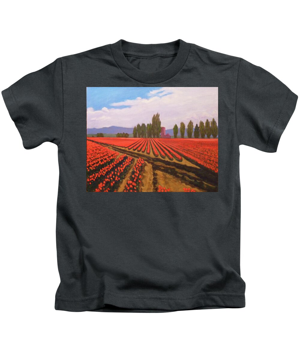 Landscape Kids T-Shirt featuring the painting Tulip Farm by Stan Chraminski