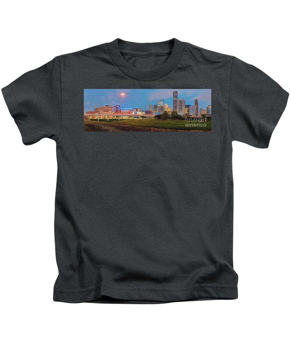 Downtown Kids T-Shirt featuring the photograph Twilight Panorama of Downtown Houston Skyline and University of Houston - Harris County Texas by Silvio Ligutti