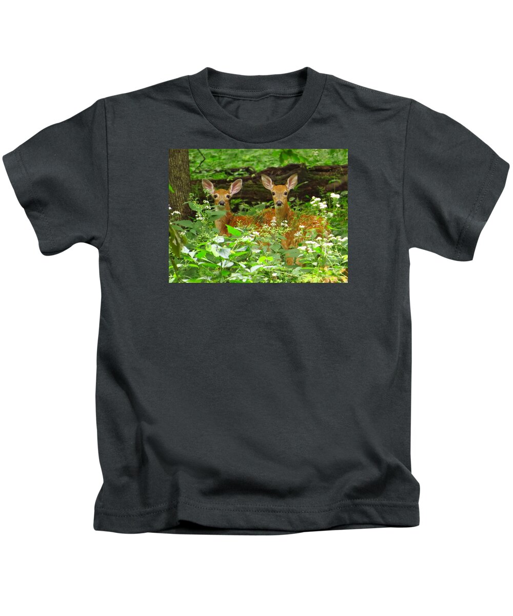 Deer Kids T-Shirt featuring the photograph Twins in the Woods by Lori Frisch