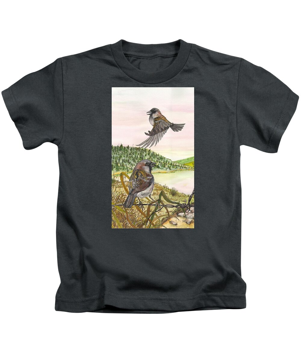Bird Kids T-Shirt featuring the painting Two birds yelling by Darren Cannell