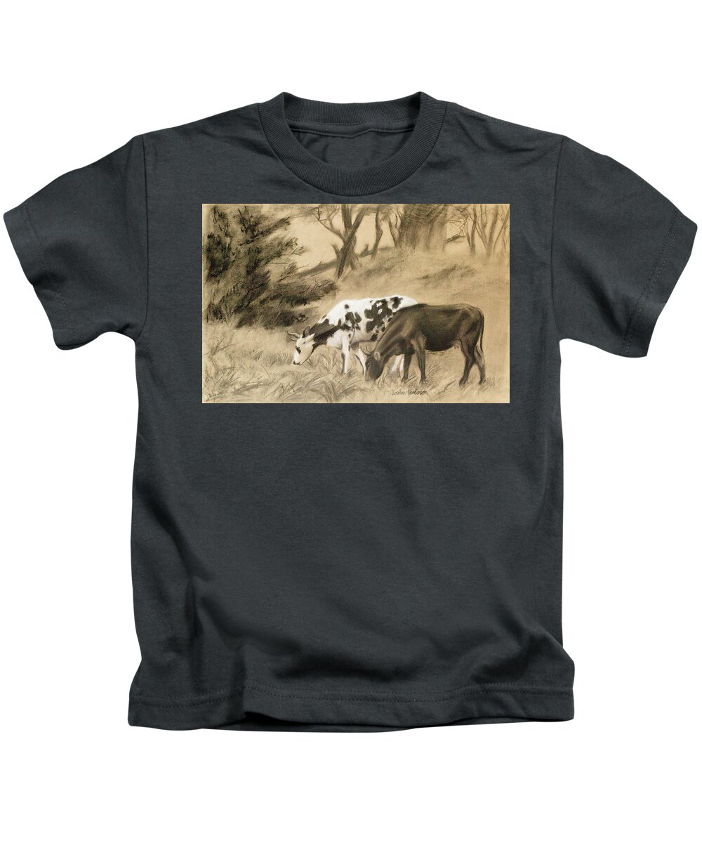 Cows Kids T-Shirt featuring the drawing Two Cows Grazing by Jordan Henderson