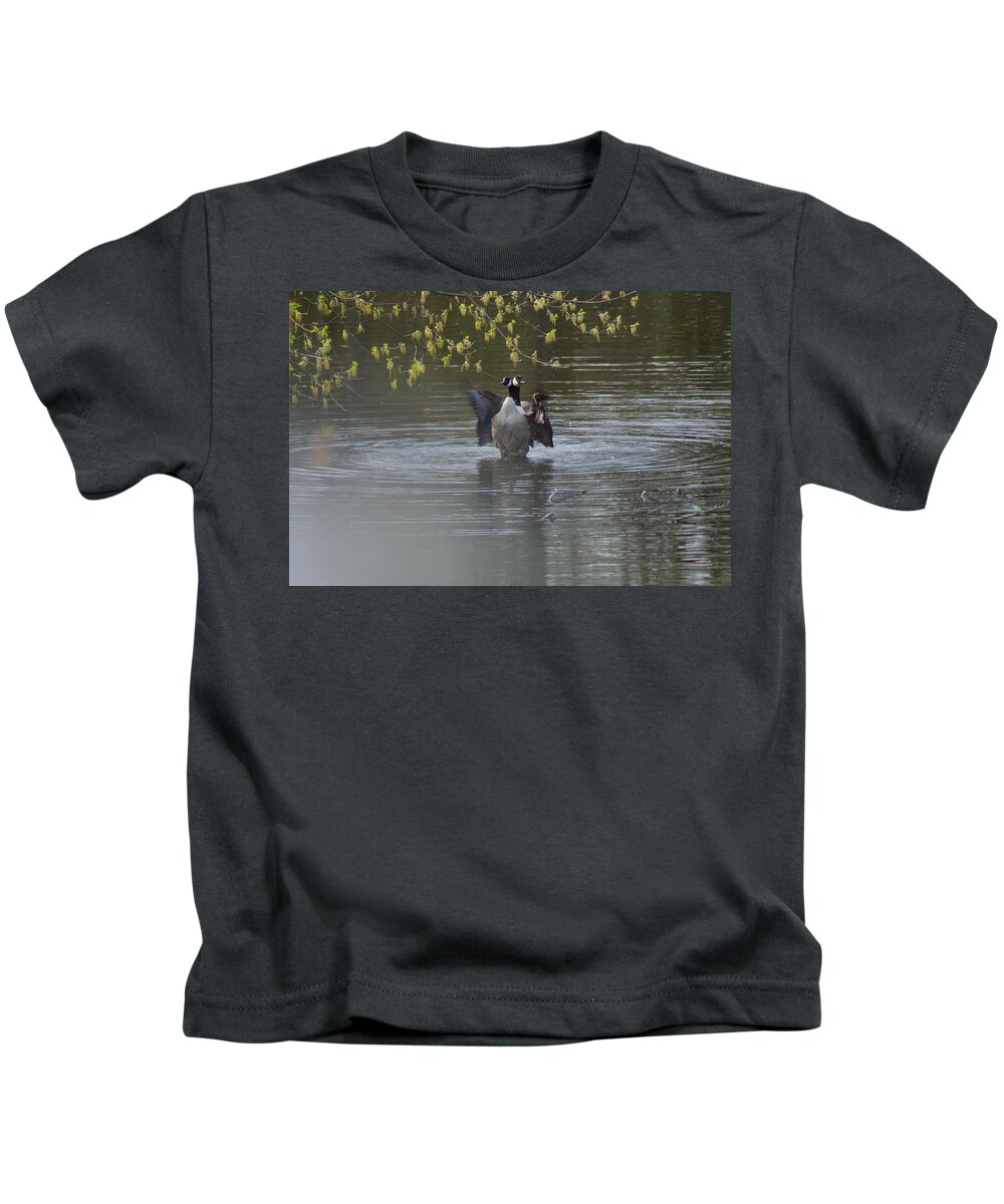 Geese Kids T-Shirt featuring the photograph Two Geese on a Pond by Alice Markham