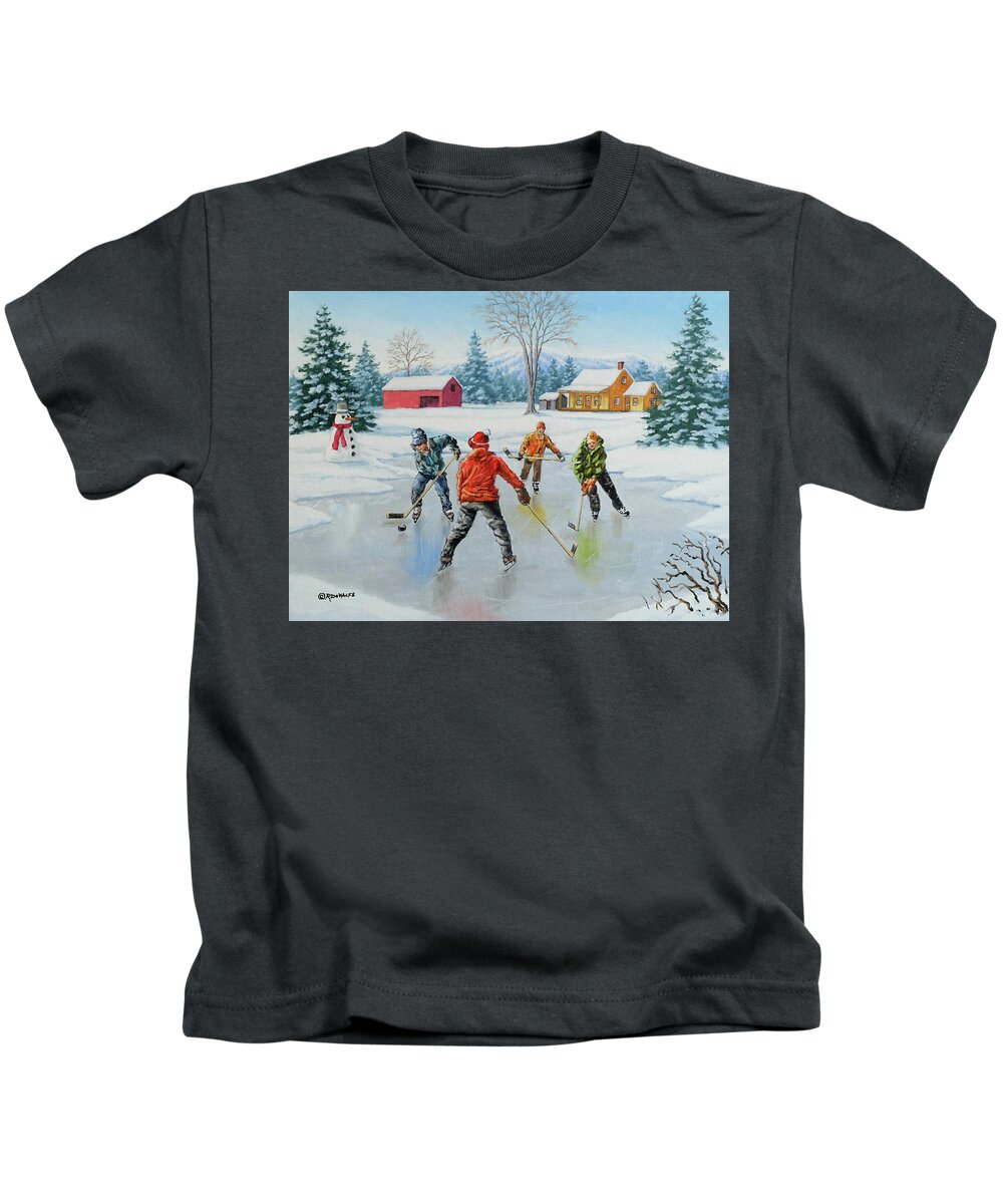 Hockey Kids T-Shirt featuring the painting Two On One by Richard De Wolfe