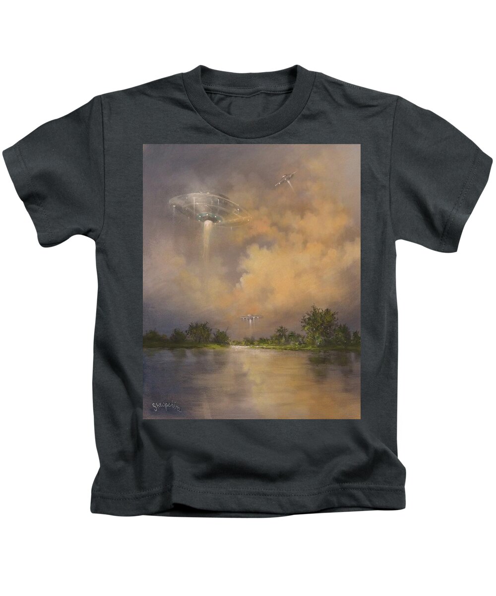 Ufo Kids T-Shirt featuring the painting UFOs Above the Lake by Tom Shropshire