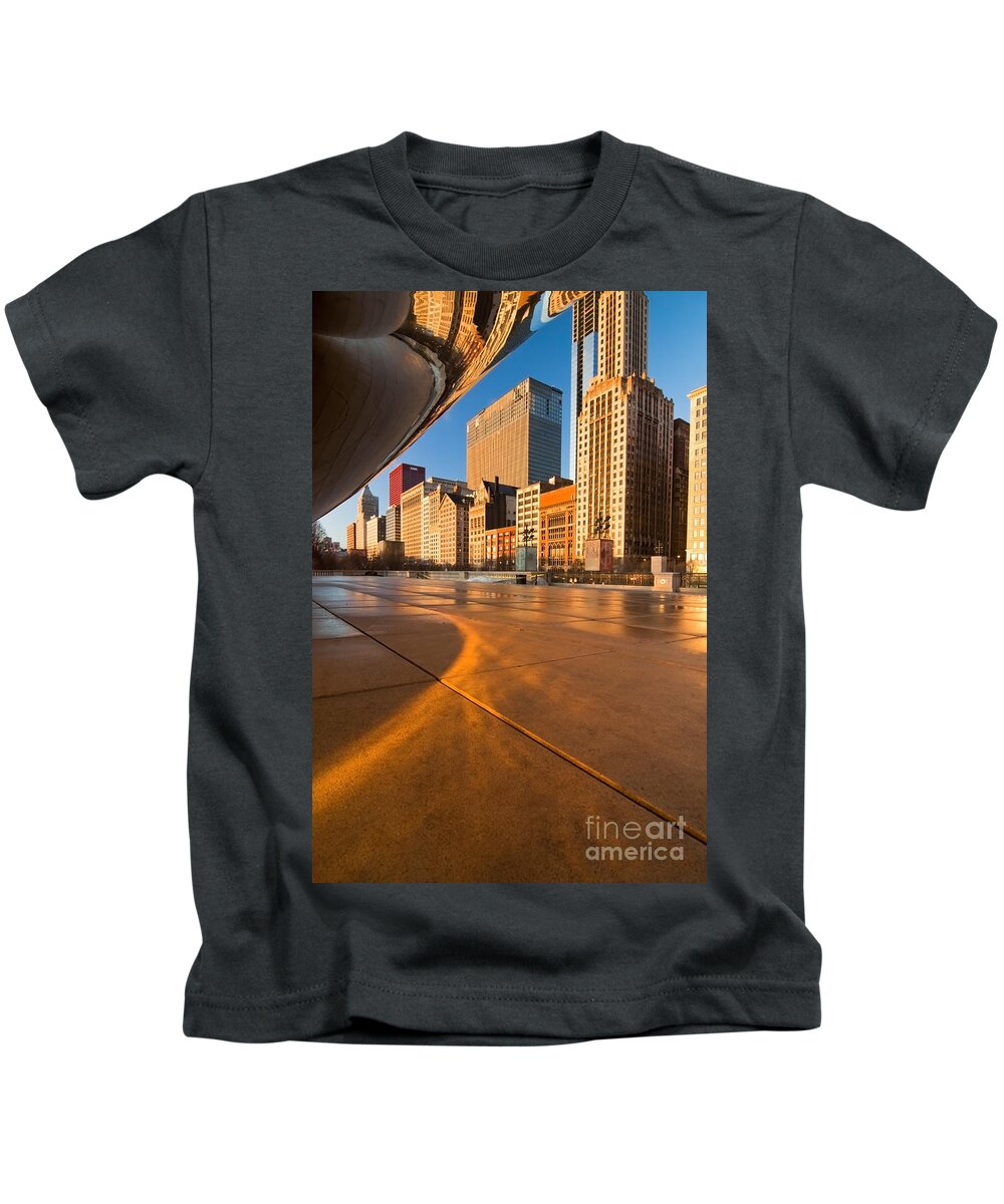 Chicago Kids T-Shirt featuring the photograph Under the bean and Chicago skyline at sunrise by Sven Brogren