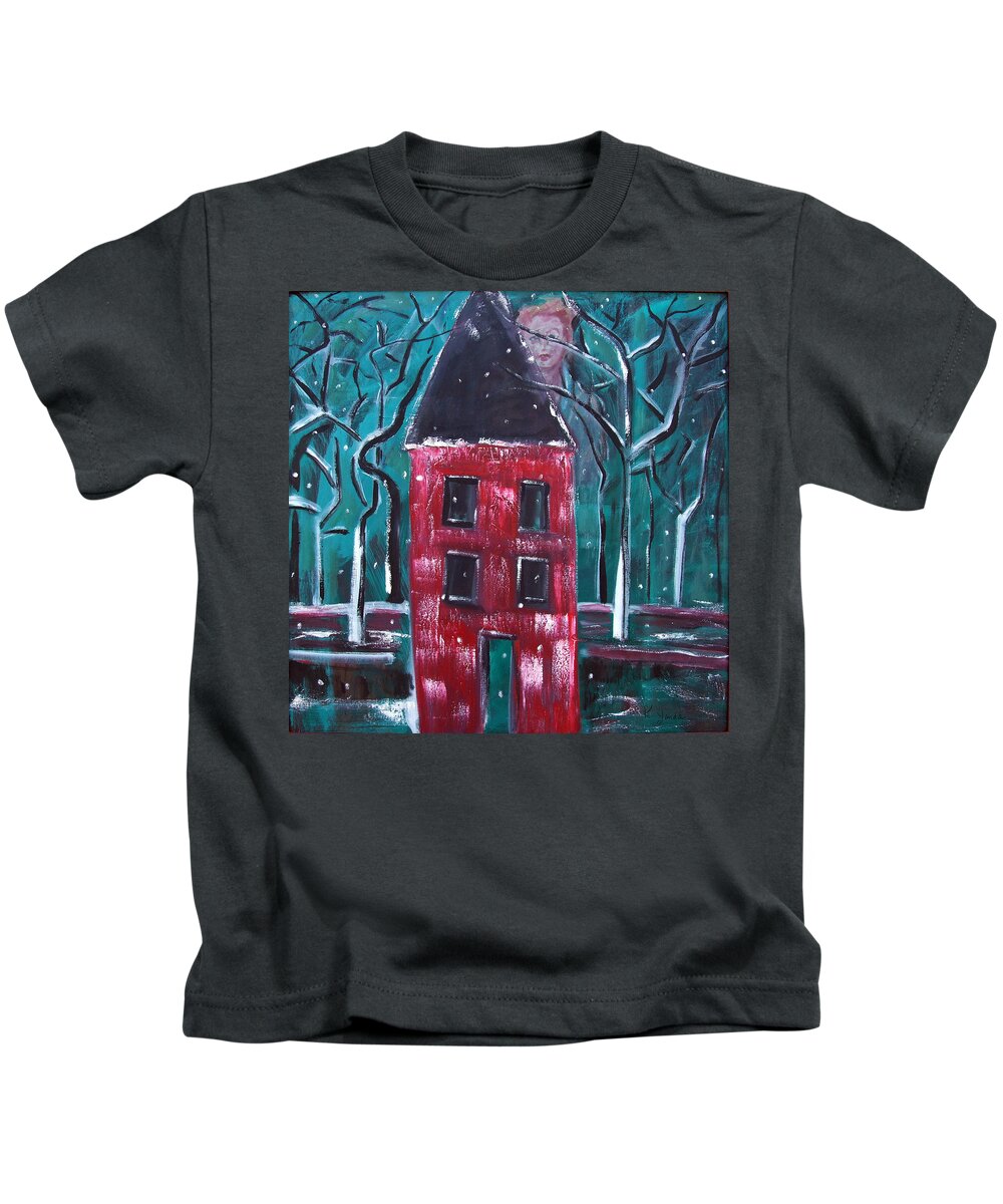 Katt Yanda Original Art Landscape Oil Painting Canvas Red House Forest Branches Kids T-Shirt featuring the painting Untold Story of the Red House by Katt Yanda