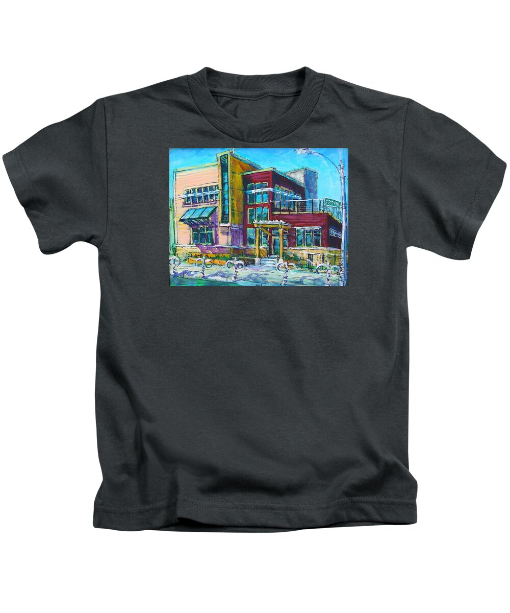 Urban Ecology Center Kids T-Shirt featuring the painting UEC On Site by Les Leffingwell