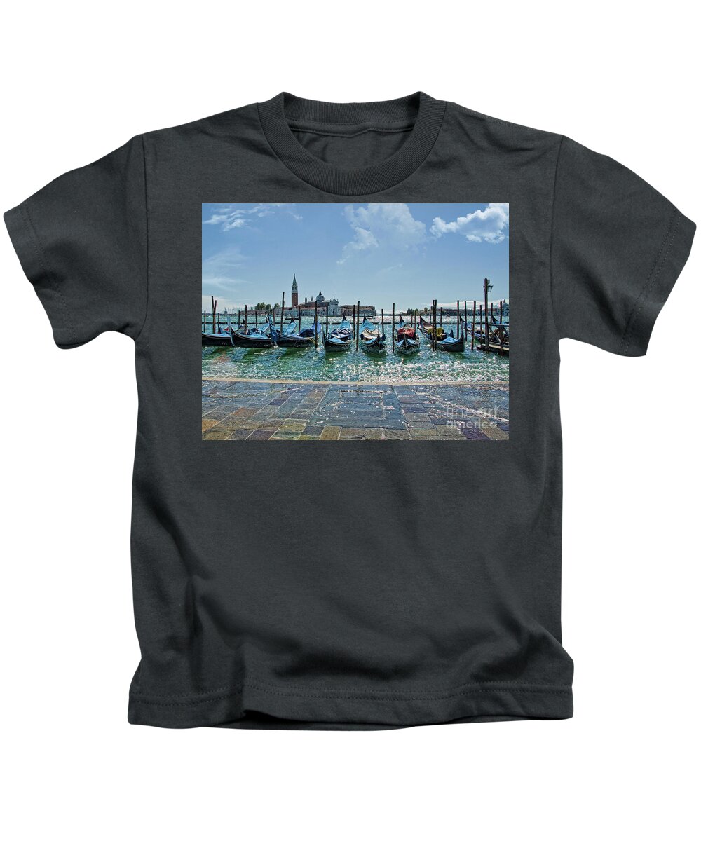 Venetian Gondolas Kids T-Shirt featuring the photograph Venice gondolas - morning by Maria Rabinky