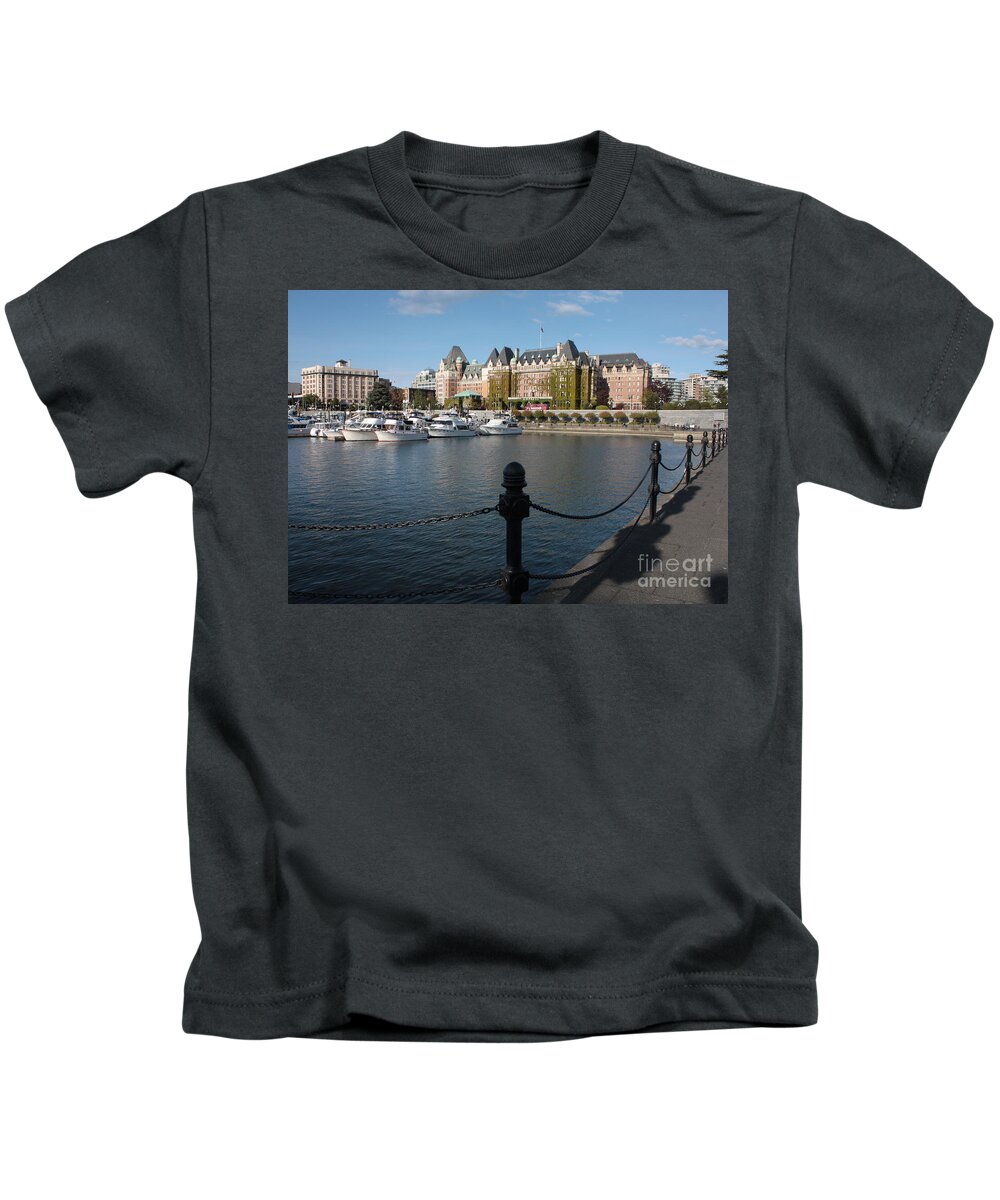 Victoria Kids T-Shirt featuring the photograph Victoria Harbour with Railing by Carol Groenen