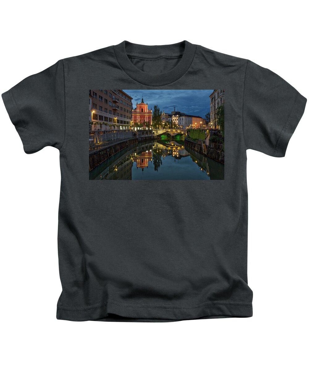 Ljubljana Kids T-Shirt featuring the photograph View from a Bridge - Ljubljana - Slovenia by Stuart Litoff