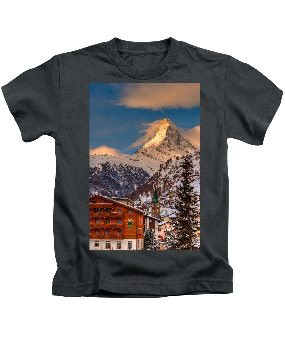 Furggletscher Kids T-Shirt featuring the photograph Village of Zermatt with Matterhorn by Brenda Jacobs