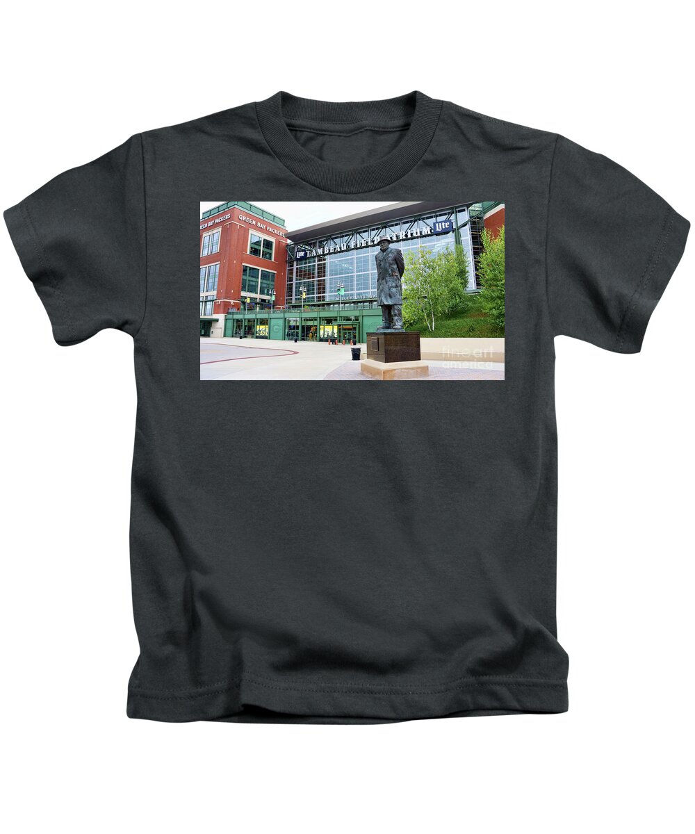 Vince Lombardi Kids T-Shirt featuring the photograph Vince Lombardi Statue at Lambeau Field 4430 by Jack Schultz