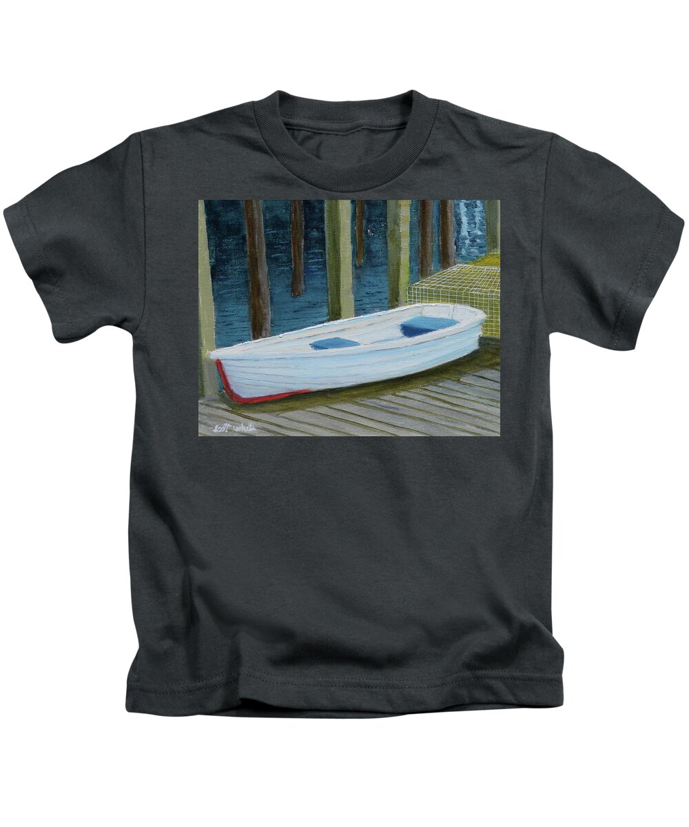 Landscape Seascape Boat Lobster Traps Dock Water Maine Kids T-Shirt featuring the painting Waiting For Work by Scott W White