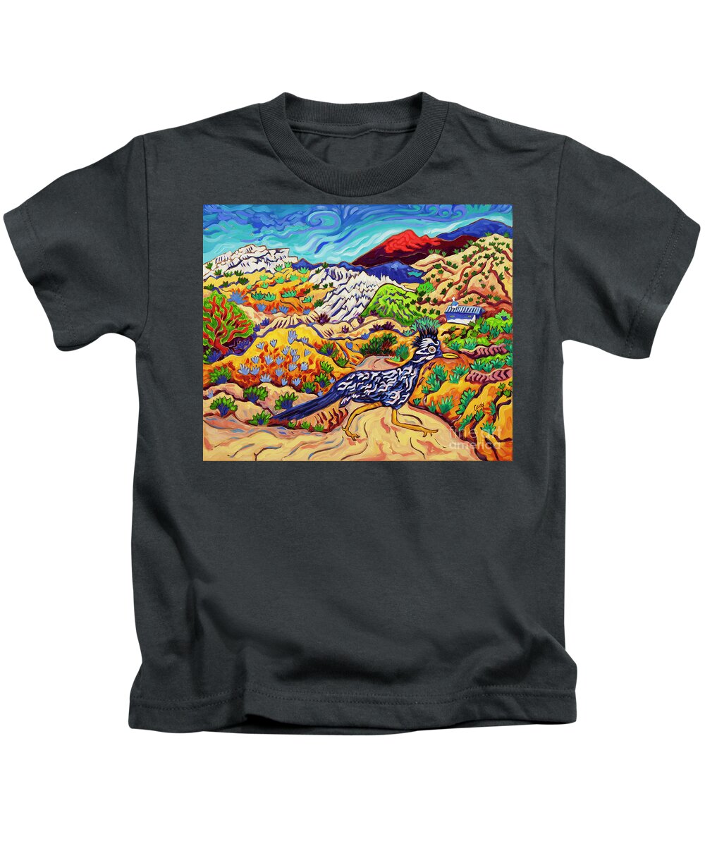Roadrunner Kids T-Shirt featuring the painting Watchin' the Sly roadrunner Flee by Cathy Carey