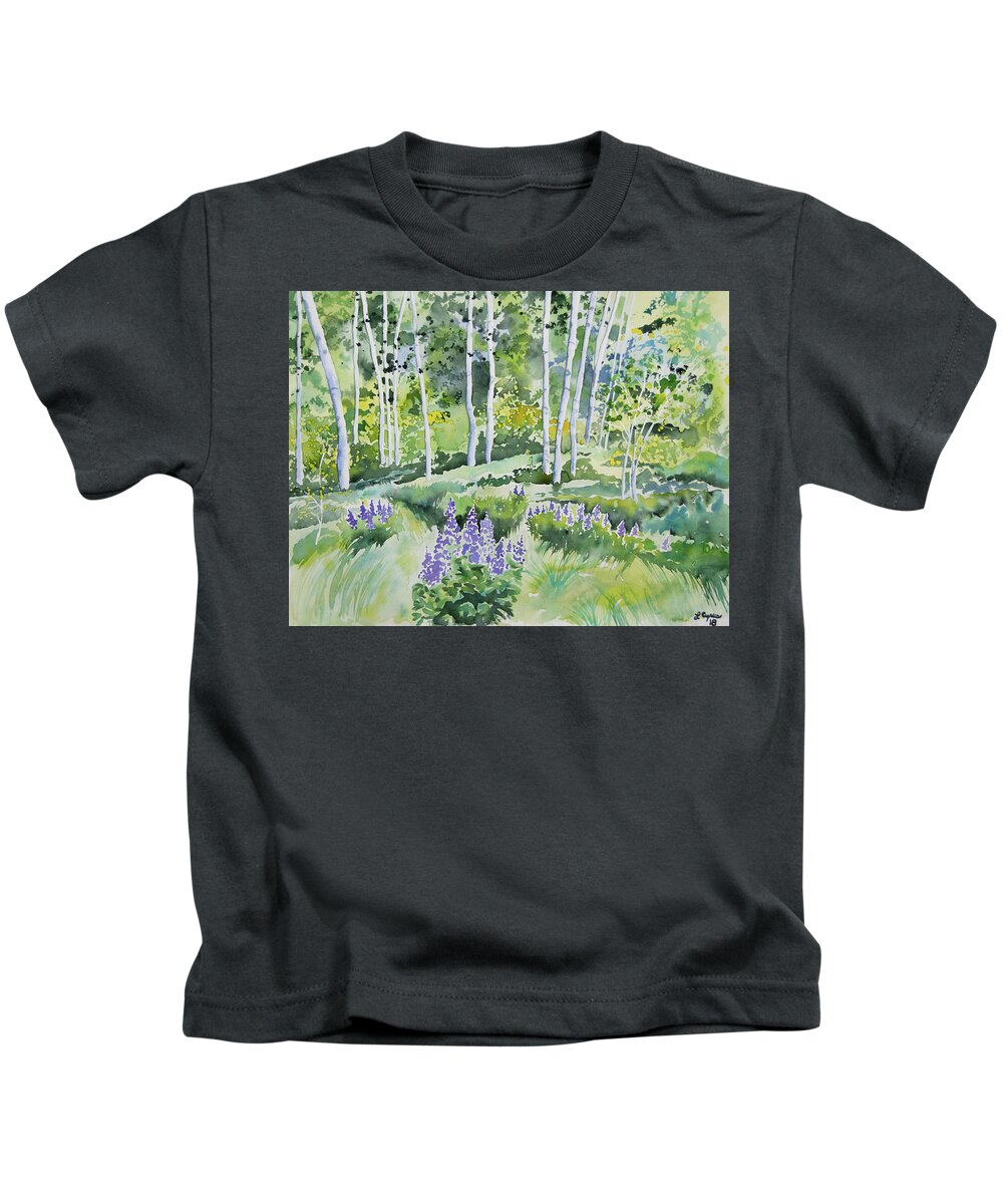 Aspen Kids T-Shirt featuring the painting Watercolor - Early Summer Aspen and Lupine by Cascade Colors