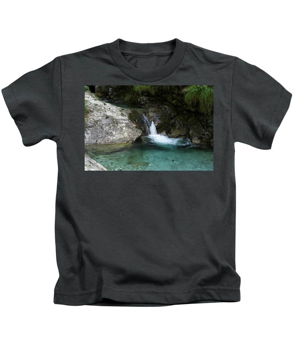 River Kids T-Shirt featuring the photograph Waterfall, blue water by Nicola Aristolao