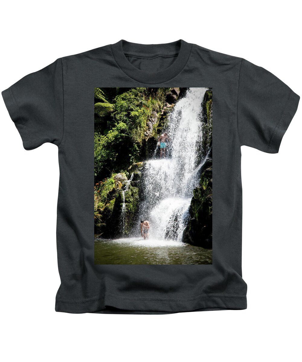 Waterfall Kids T-Shirt featuring the photograph Waterfall in New Zealand by Kathryn McBride
