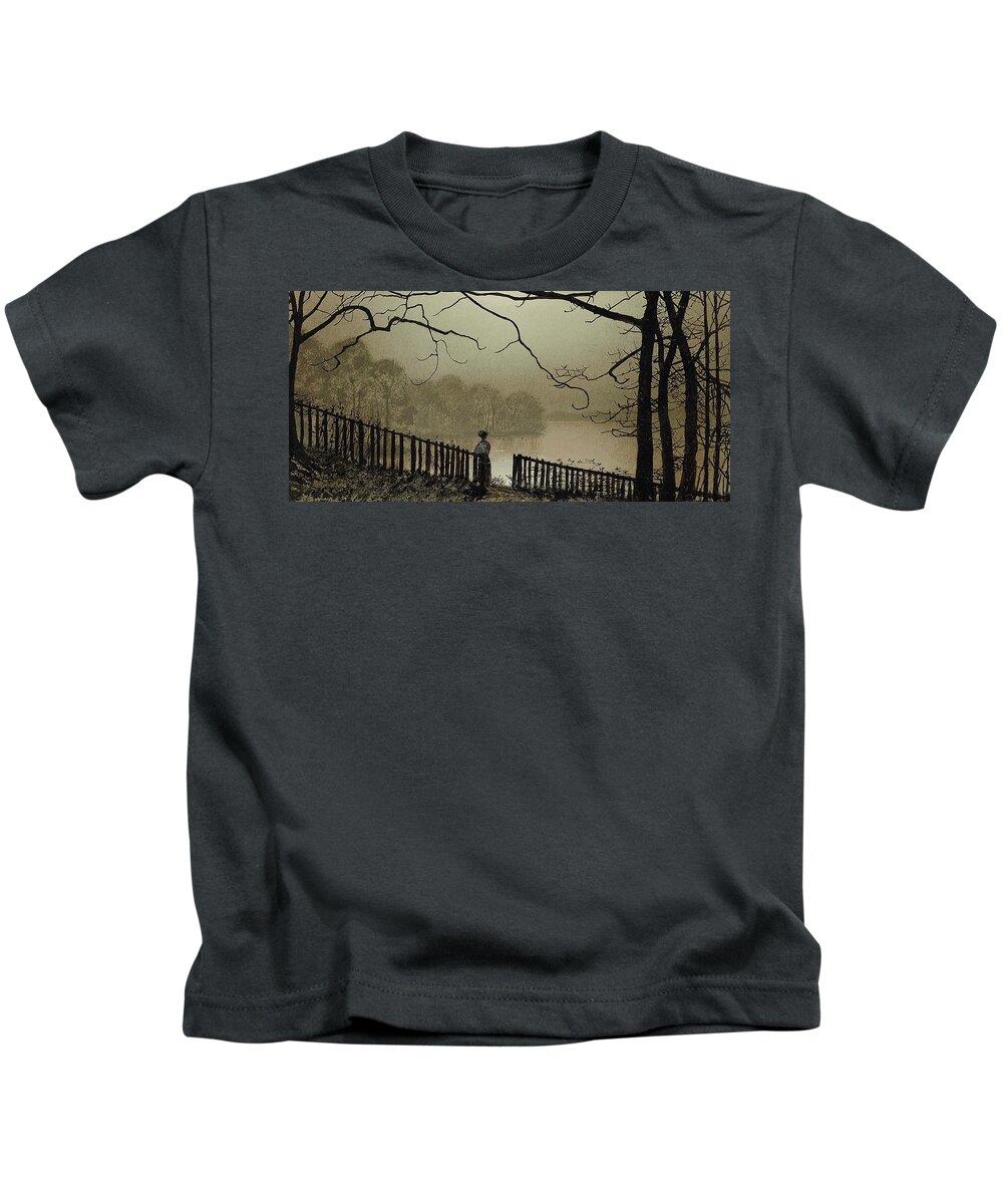 Grimshaw Kids T-Shirt featuring the painting Waterloo Lake Roundhay Park Leeds by John Atkinson Grimshaw