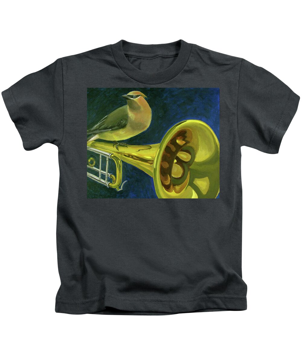 Waxwing Kids T-Shirt featuring the painting Waxwing on Trumpet by Don Morgan