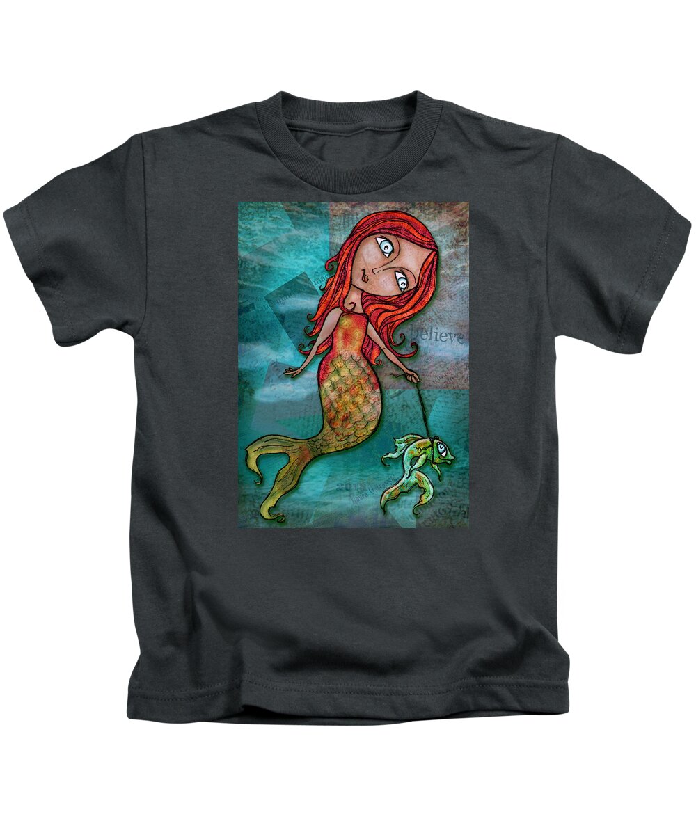 Mermaid Kids T-Shirt featuring the digital art Whimsical Mermaid Walking Fish by Laura Ostrowski