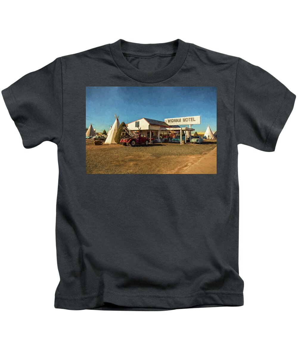 Architectural Photographer Kids T-Shirt featuring the painting Wigwam Motel by Lou Novick