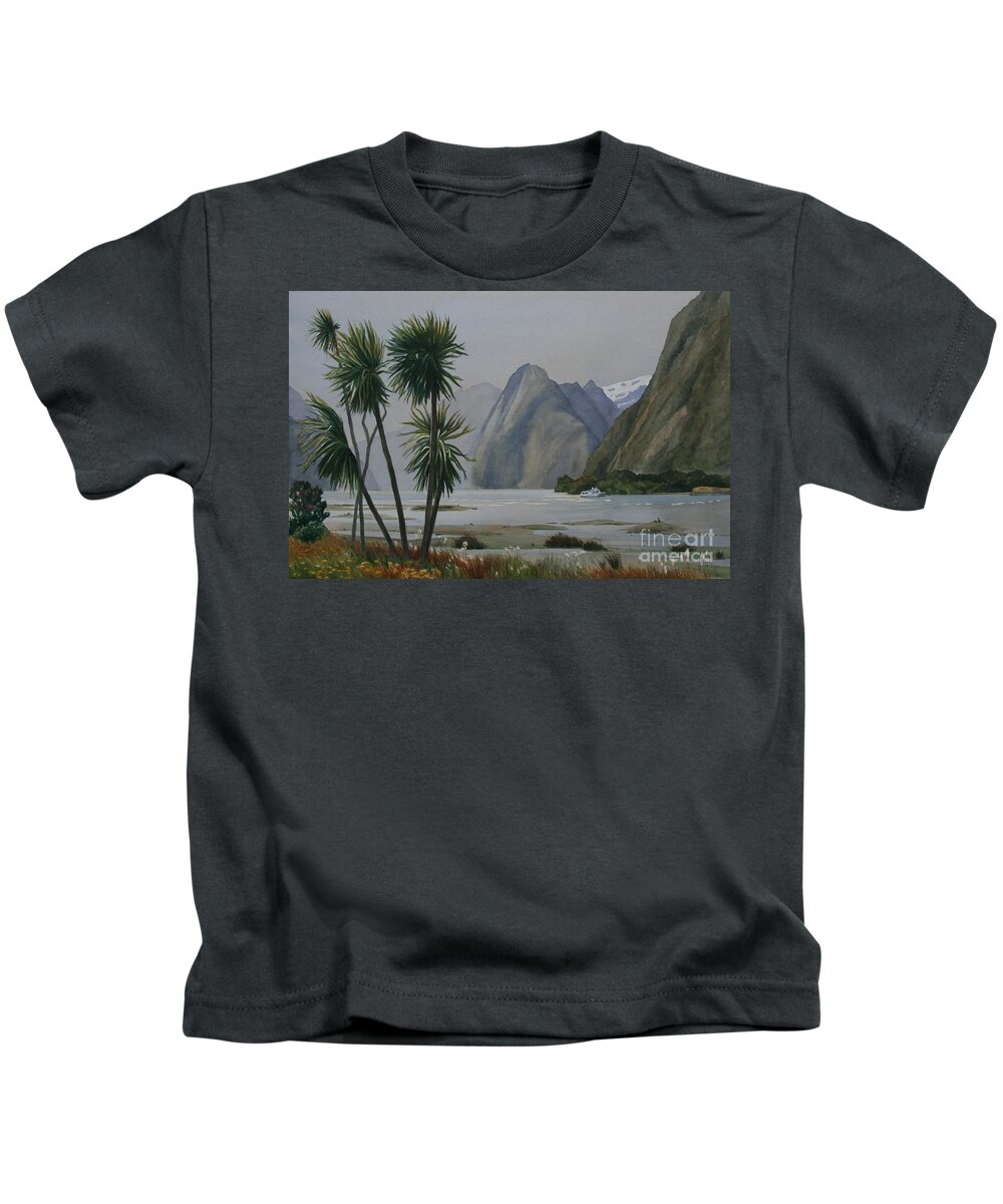 Milford Sound Kids T-Shirt featuring the painting Windy Evening Milford Sound by Jan Lawnikanis