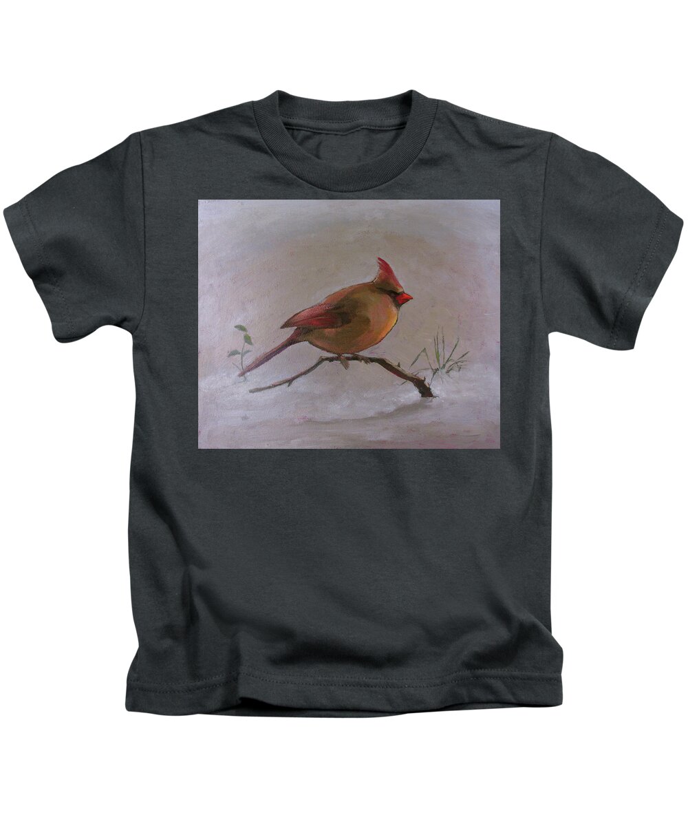 Cardinal Kids T-Shirt featuring the painting Winter Cardinal by Don Morgan