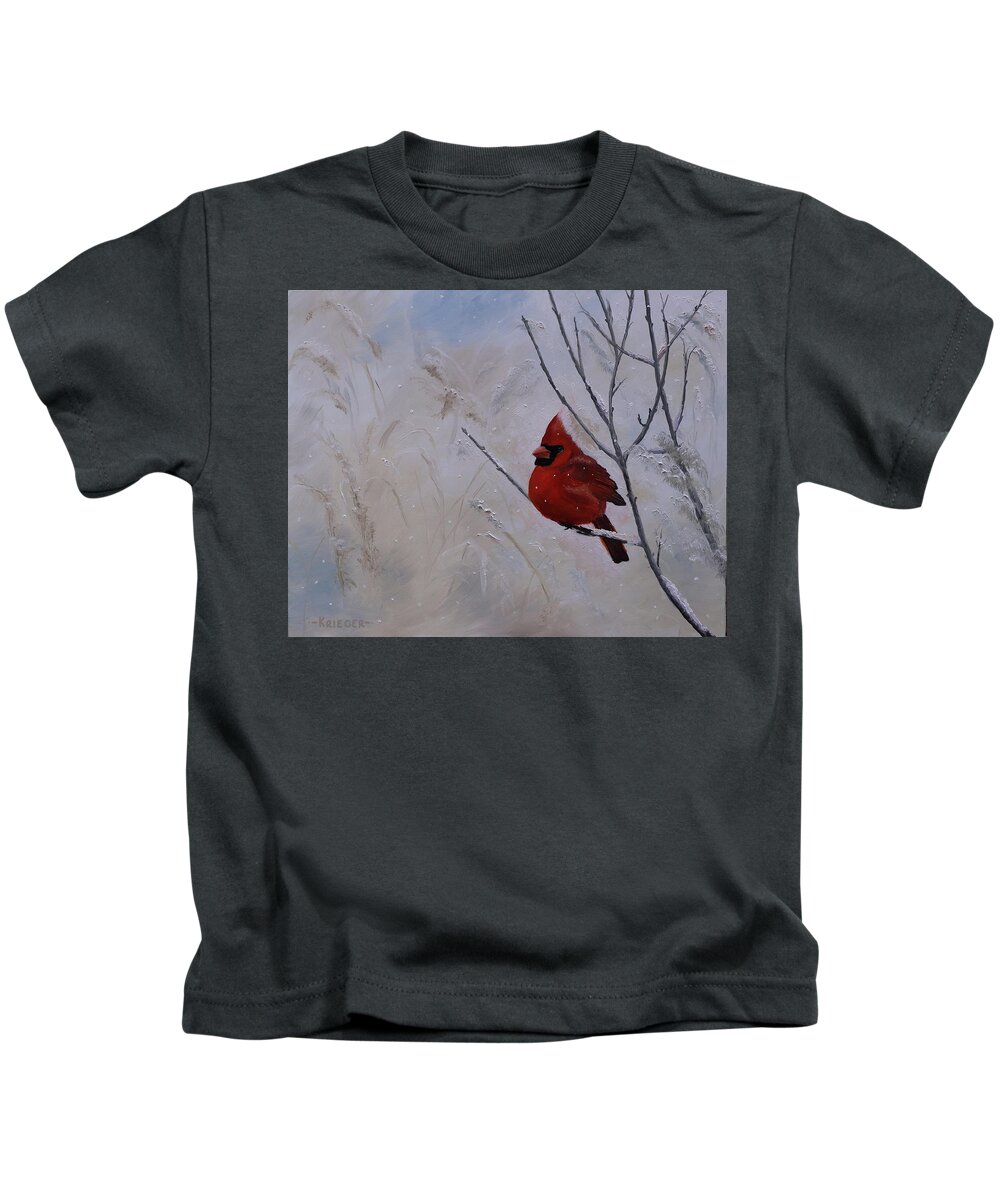 Cardinal Kids T-Shirt featuring the painting Winter Cardinal by Stephen Krieger
