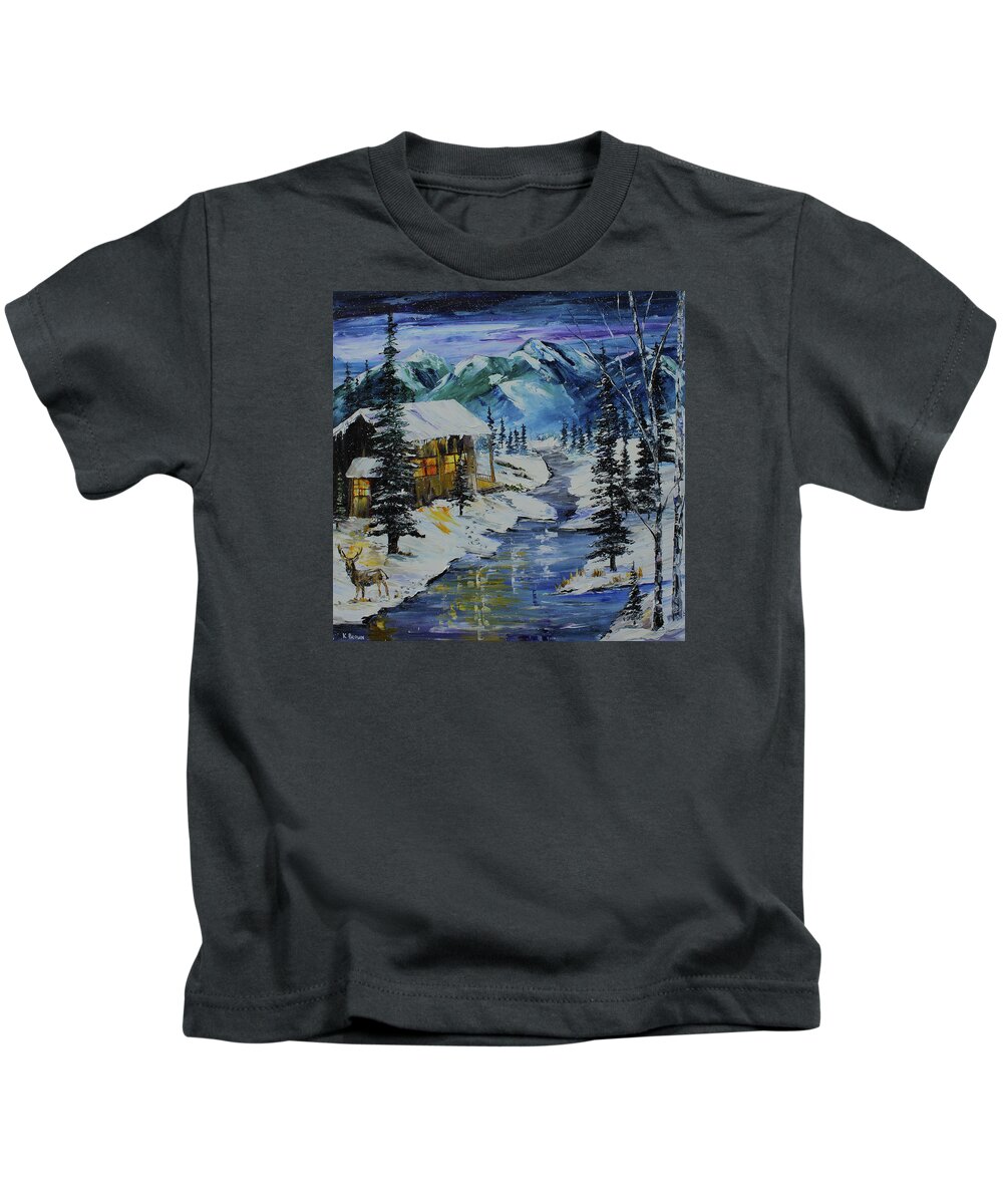 Winter Kids T-Shirt featuring the painting Winter Mountains by Kevin Brown