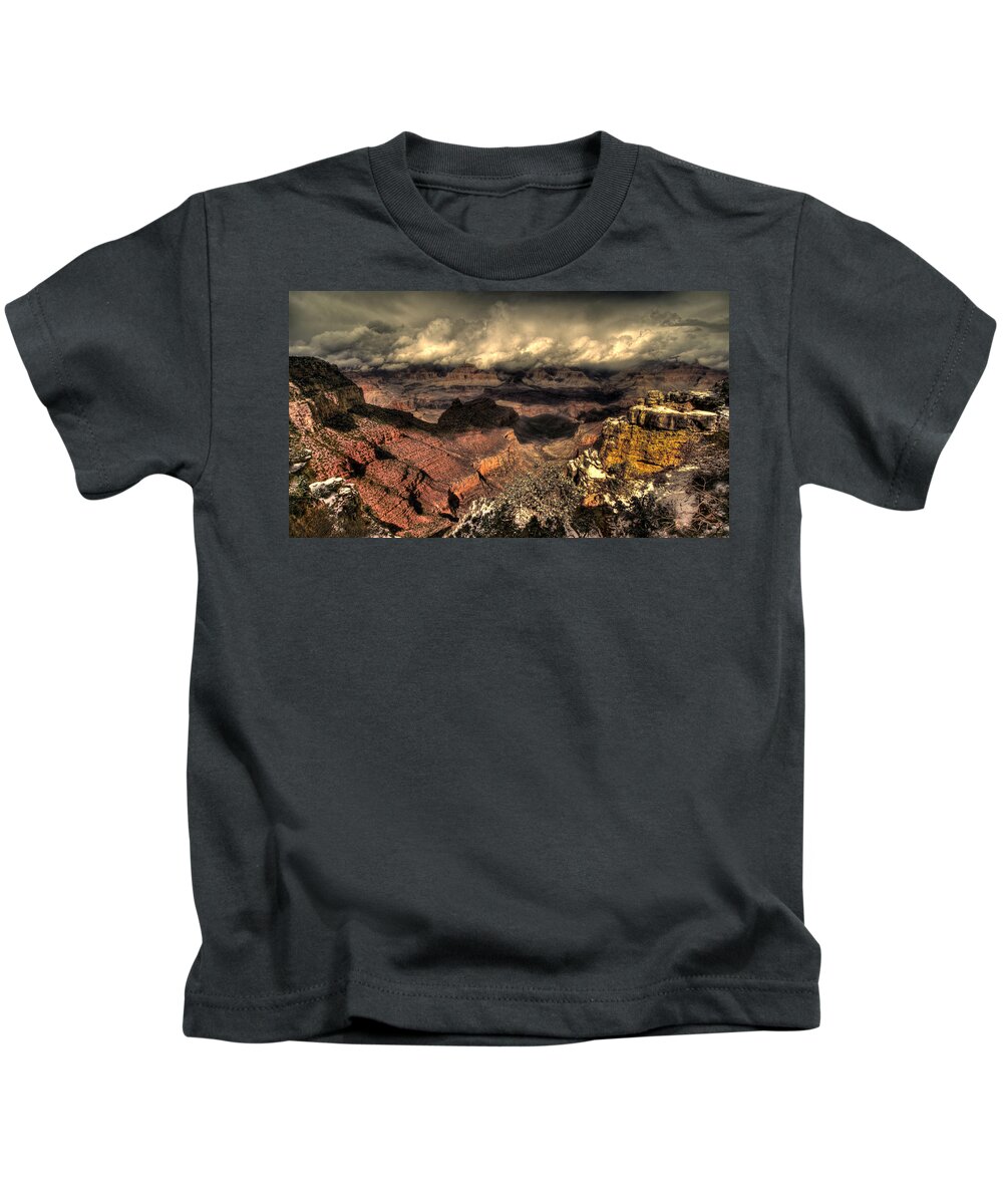 Grand Canyon Kids T-Shirt featuring the photograph Winter Storm Clearing Grand Canyon by Lawrence Knutsson
