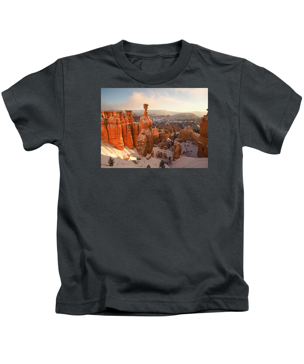 Bryce Canyon Kids T-Shirt featuring the photograph Winter Wonderland by Emily Dickey