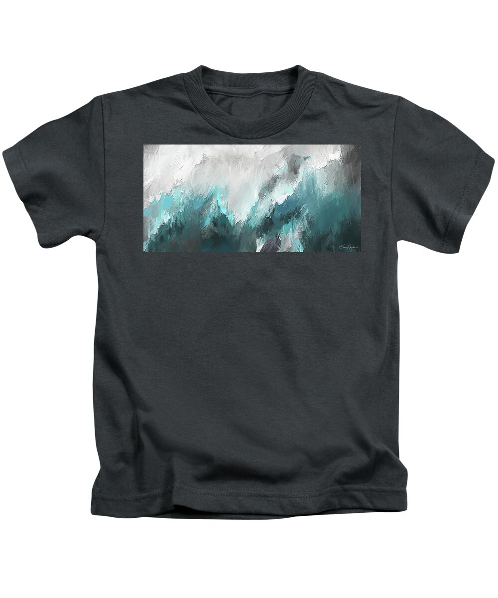 Ight Blue Kids T-Shirt featuring the painting Wintery Mountain- Turquoise and Gray modern Artwork by Lourry Legarde