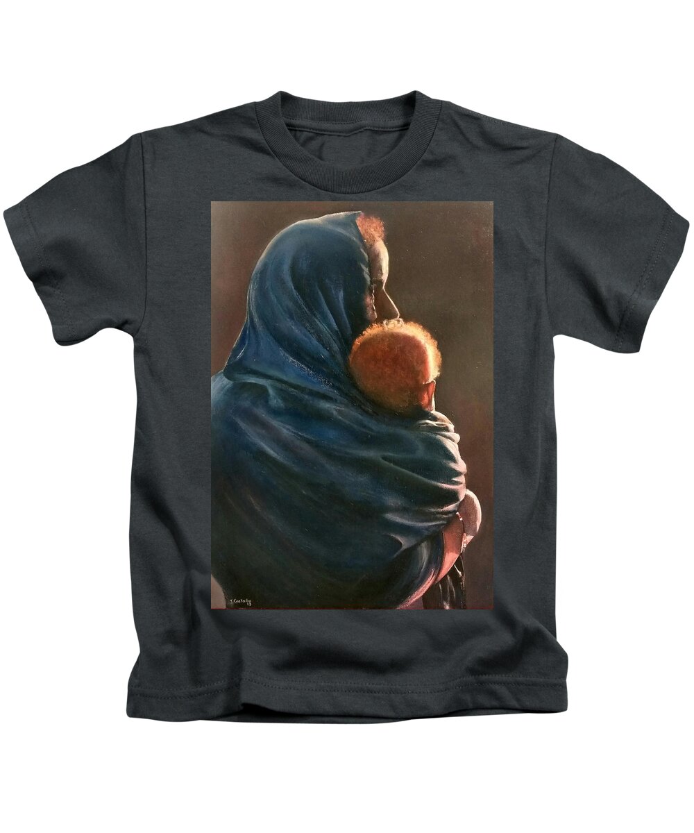 Mujer Kids T-Shirt featuring the painting Woman with child in the sun by Tomas Castano