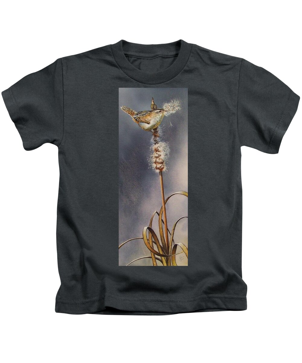 Marshwren Kids T-Shirt featuring the painting Wren and Cattails by Greg and Linda Halom