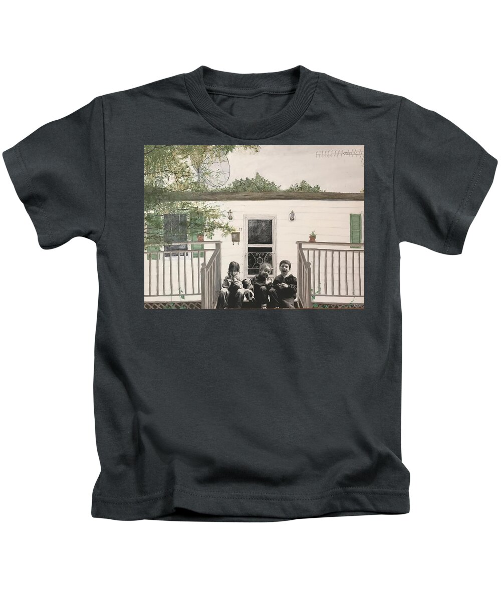 Realism Kids T-Shirt featuring the painting Yeah, You Boys Always Stick Together by Leah Tomaino