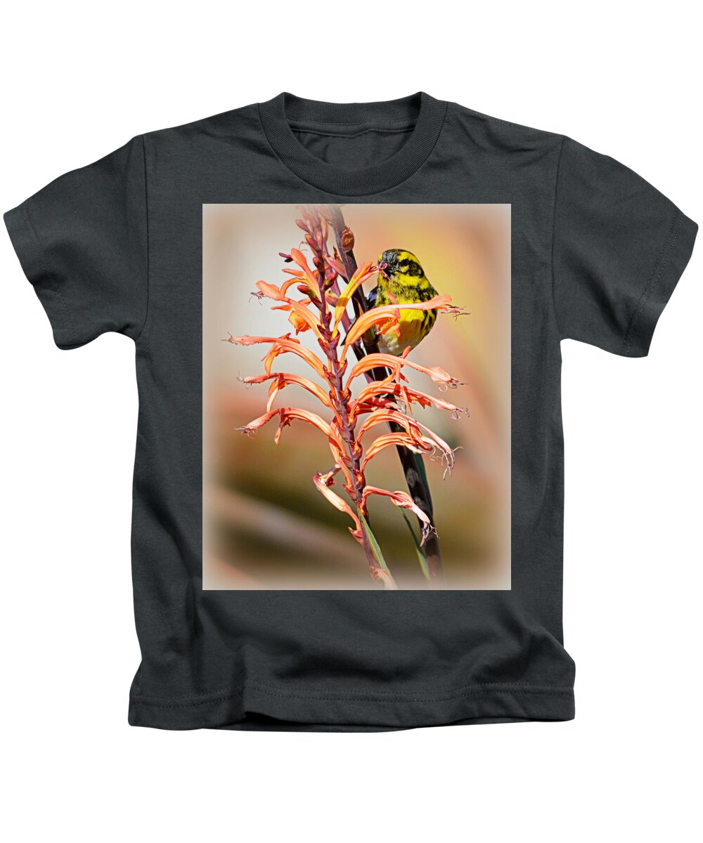 Bird Kids T-Shirt featuring the photograph Yellow Bird Hi by AJ Schibig