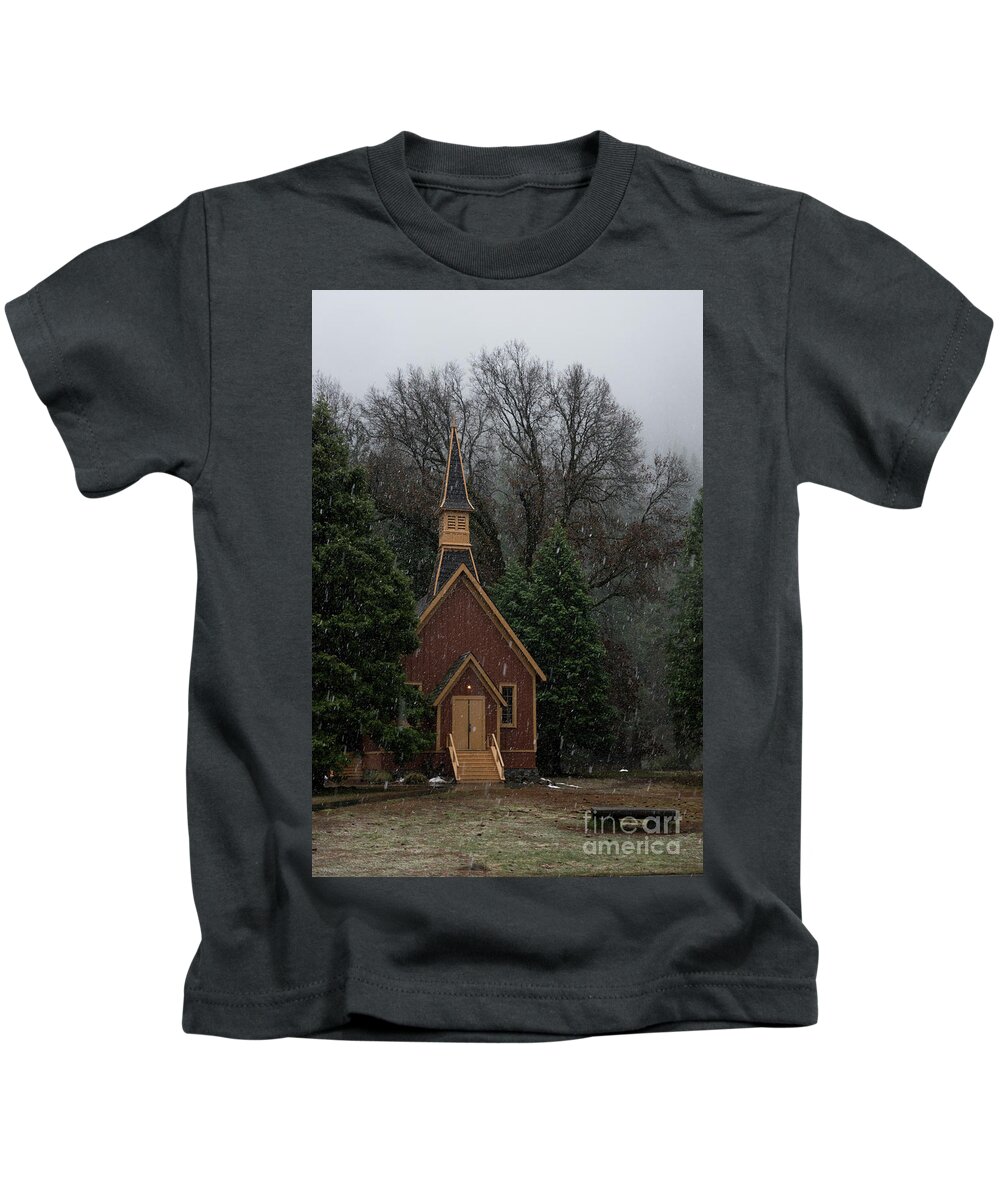 Spring Kids T-Shirt featuring the photograph Yosemite Valley Chapel Winter Storm by Wayne Moran