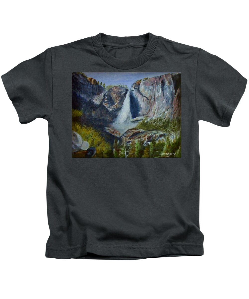 Waterfall Kids T-Shirt featuring the painting Yosemite Waterfall by Quwatha Valentine